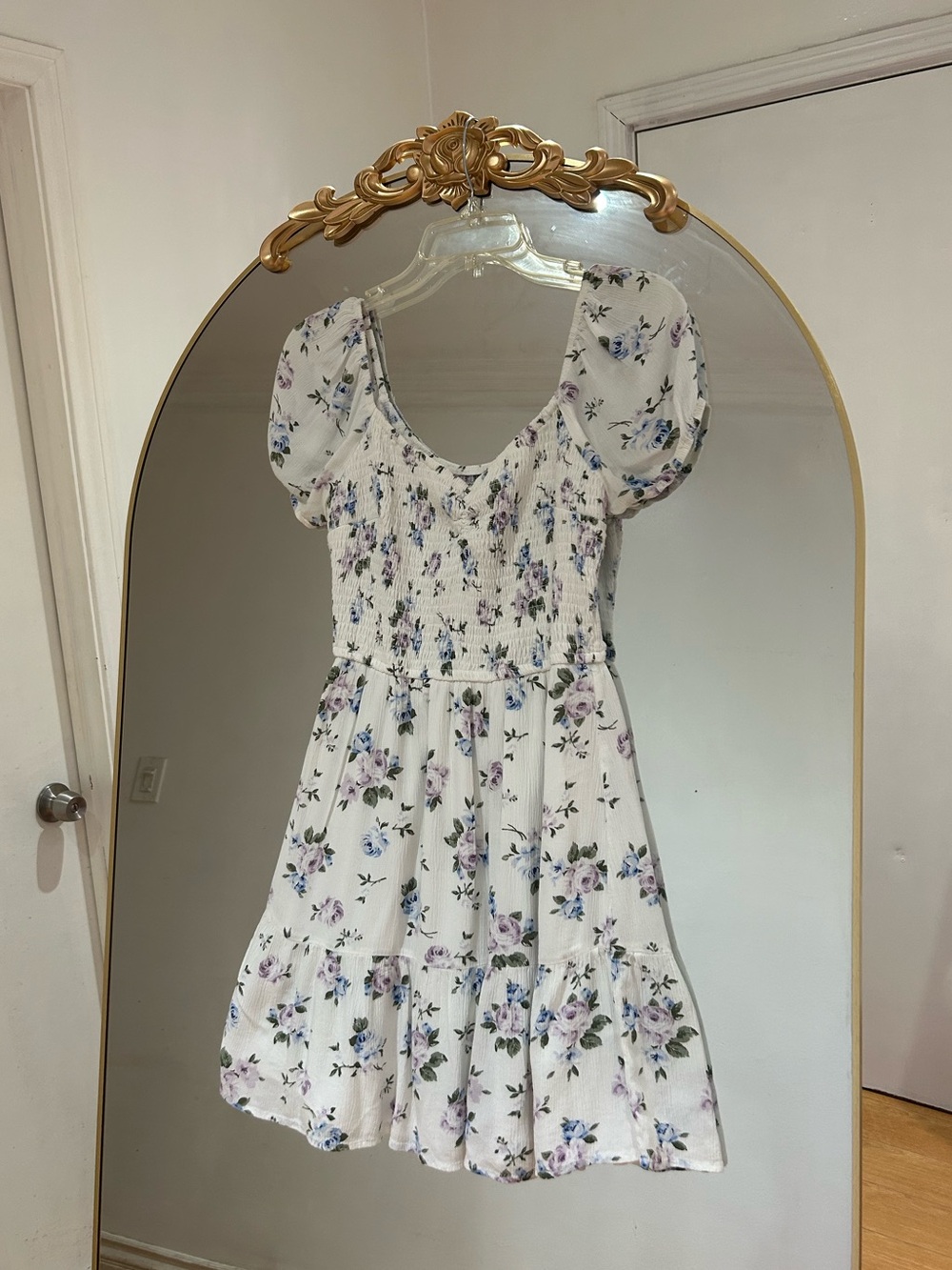 Hollister White Floral Smocked Mini Sundress with Lavender & Blue Blooms, Size M